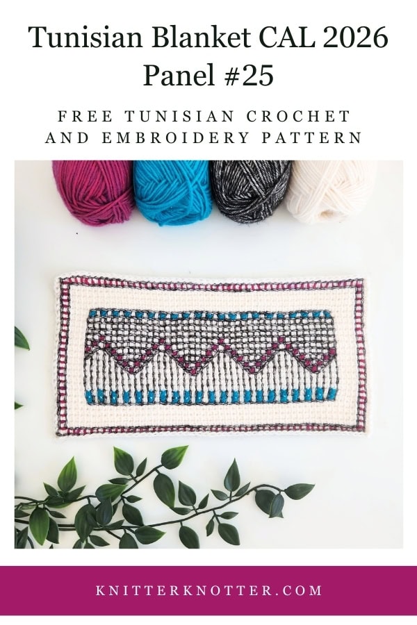 Panel #25 of the Neev Tunisian Blanket CAL of 2026 by KnitterKnotter - the fabric is worked with the Tunisian Simple stitches and features a beautiful blackwork-inspired embroidery design.