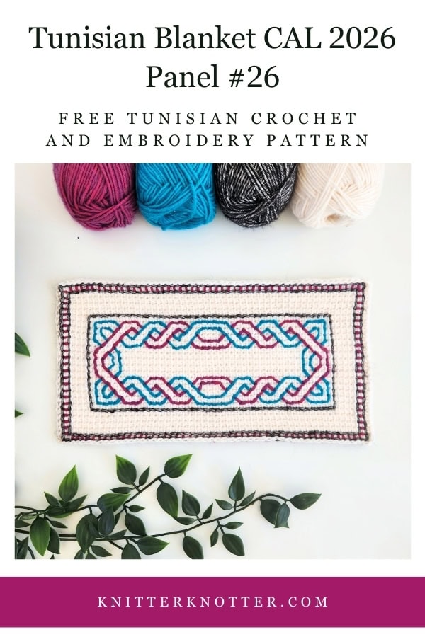 Panel #26 of the Neev Tunisian Blanket CAL of 2026 by KnitterKnotter - the fabric is worked with the Tunisian Simple stitches and features a beautiful blackwork-inspired embroidery design.