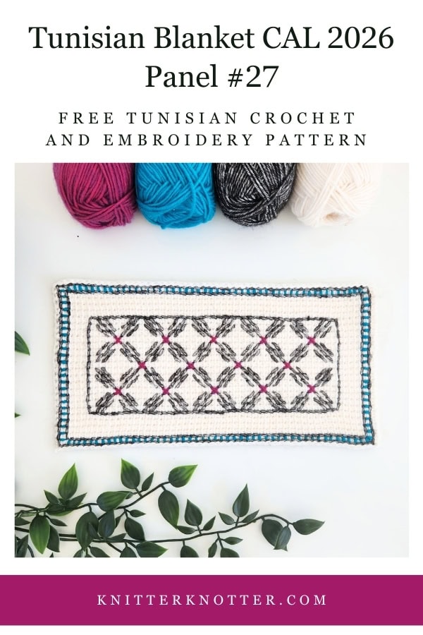 Panel #27 of the Neev Tunisian Blanket CAL of 2026 by KnitterKnotter - the fabric is worked with the Tunisian Simple stitches and features a beautiful blackwork-inspired embroidery design.