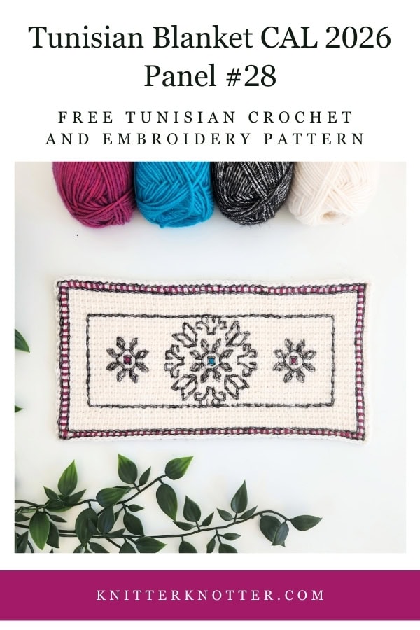 Panel #28 of the Neev Tunisian Blanket CAL of 2026 by KnitterKnotter - the fabric is worked with the Tunisian Simple stitches and features a beautiful blackwork-inspired embroidery design.