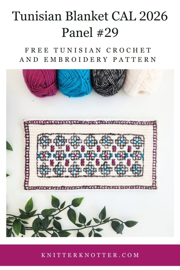 Panel #29 of the Neev Tunisian Blanket CAL of 2026 by KnitterKnotter - the fabric is worked with the Tunisian Simple stitches and features a beautiful blackwork-inspired embroidery design.