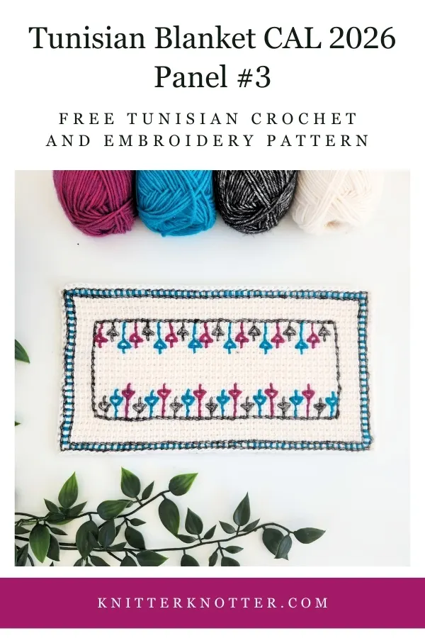 Panel #3 of the Neev Tunisian Blanket CAL of 2026 by KnitterKnotter - the fabric is worked with the Tunisian Simple stitches and features a beautiful blackwork-inspired embroidery design.