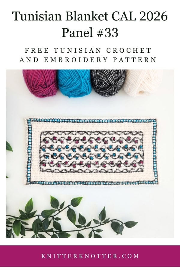 Panel #33 of the Neev Tunisian Blanket CAL of 2026 by KnitterKnotter - the fabric is worked with the Tunisian Simple stitches and features a beautiful blackwork-inspired embroidery design.