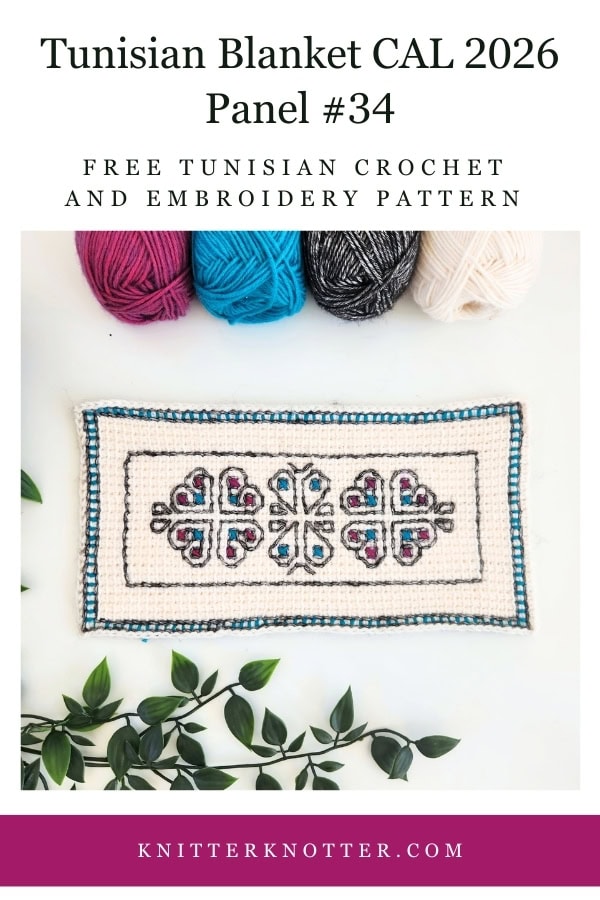 Panel #34 of the Neev Tunisian Blanket CAL of 2026 by KnitterKnotter - the fabric is worked with the Tunisian Simple stitches and features a beautiful blackwork-inspired embroidery design.