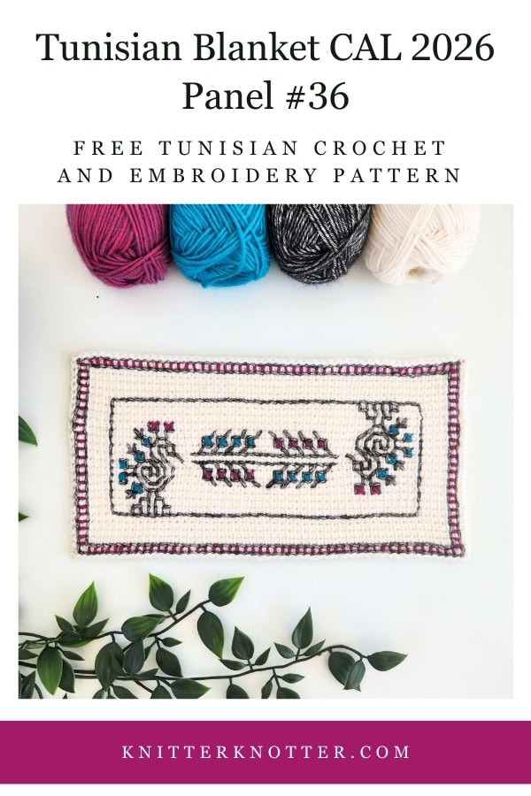 Panel #36 of the Neev Tunisian Blanket CAL of 2026 by KnitterKnotter - the fabric is worked with the Tunisian Simple stitches and features a beautiful blackwork-inspired embroidery design.