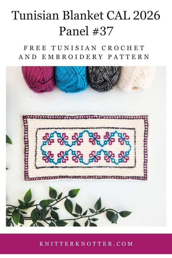 Panel #37 of the Neev Tunisian Blanket CAL of 2026 by KnitterKnotter - the fabric is worked with the Tunisian Simple stitches and features a beautiful blackwork-inspired embroidery design.