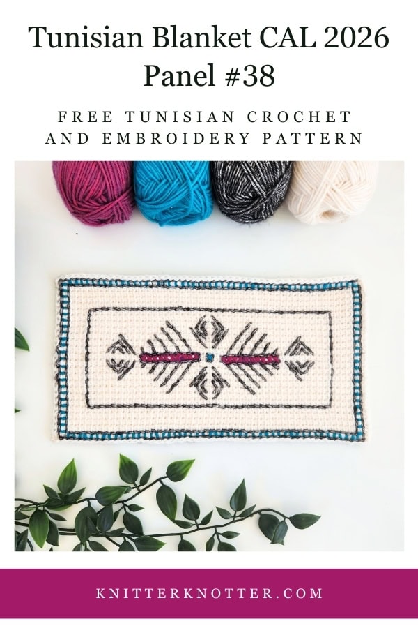Panel #38 of the Neev Tunisian Blanket CAL of 2026 by KnitterKnotter - the fabric is worked with the Tunisian Simple stitches and features a beautiful blackwork-inspired embroidery design.
