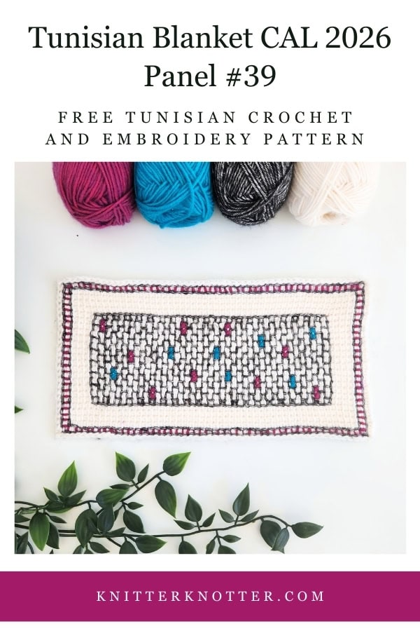 Panel #39 of the Neev Tunisian Blanket CAL of 2026 by KnitterKnotter - the fabric is worked with the Tunisian Simple stitches and features a beautiful blackwork-inspired embroidery design.