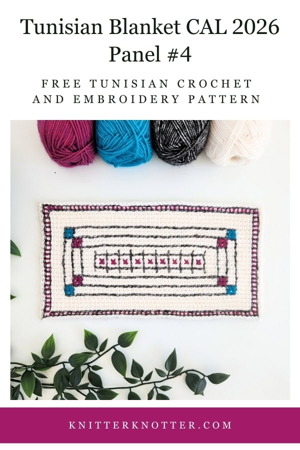 Panel #4 of the Neev Tunisian Blanket CAL of 2026 by KnitterKnotter - the fabric is worked with the Tunisian Simple stitches and features a beautiful blackwork-inspired embroidery design.