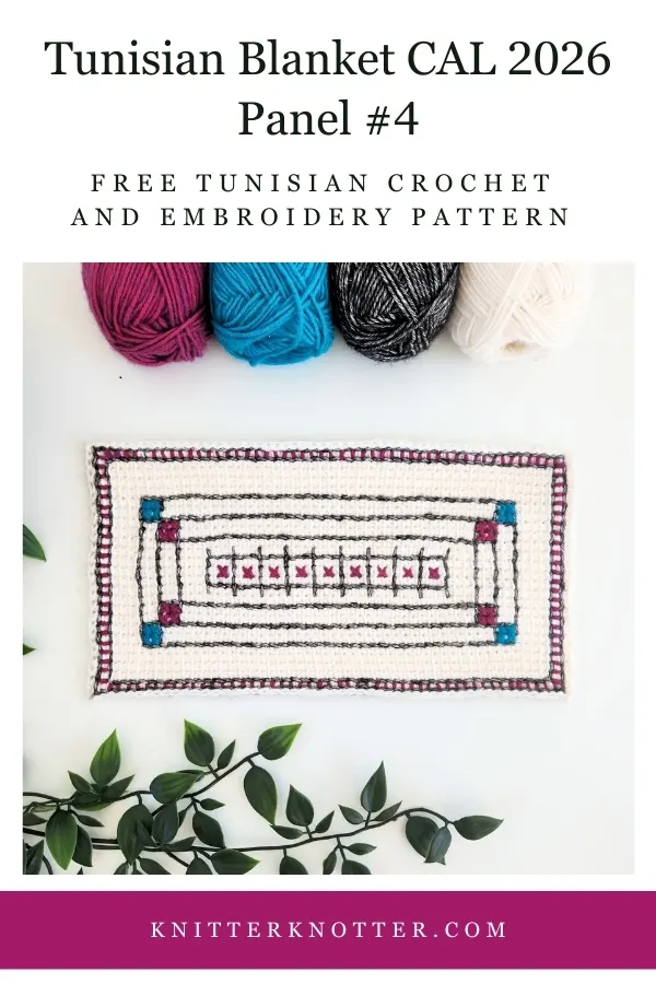 Panel #4 of the Neev Tunisian Blanket CAL of 2026 by KnitterKnotter - the fabric is worked with the Tunisian Simple stitches and features a beautiful blackwork-inspired embroidery design.