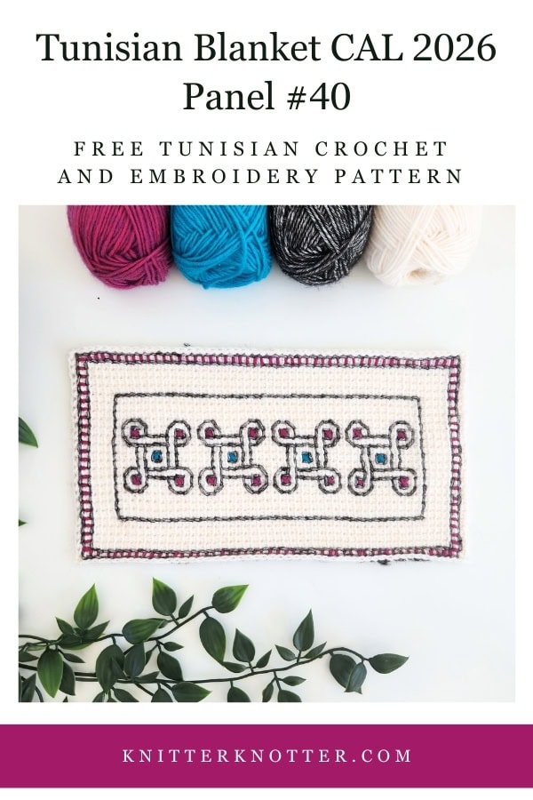 Panel #40 of the Neev Tunisian Blanket CAL of 2026 by KnitterKnotter - the fabric is worked with the Tunisian Simple stitches and features a beautiful blackwork-inspired embroidery design.