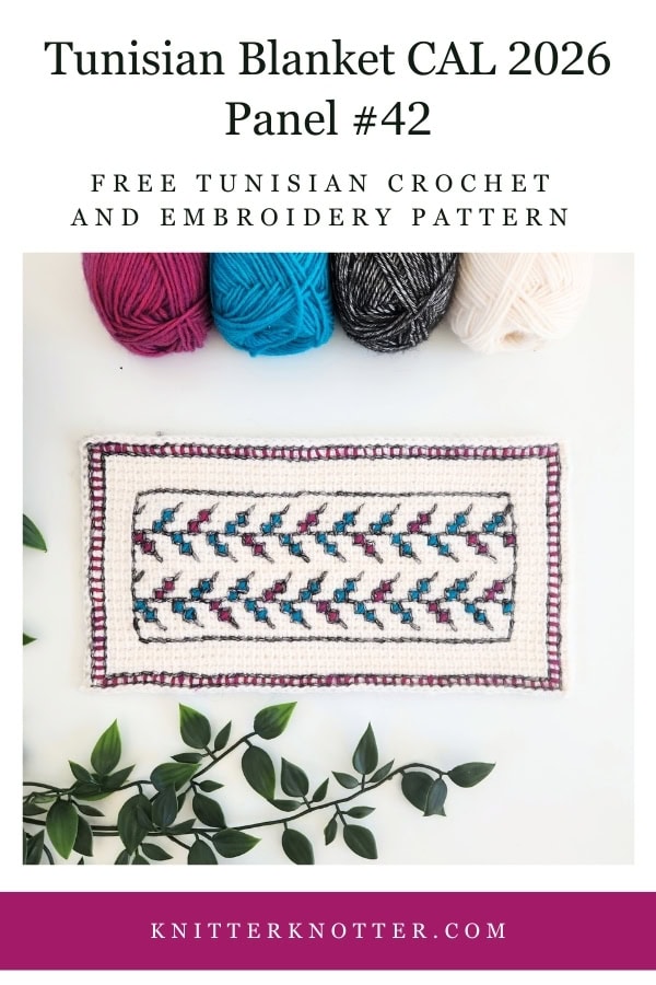 Panel #42 of the Neev Tunisian Blanket CAL of 2026 by KnitterKnotter - the fabric is worked with the Tunisian Simple stitches and features a beautiful blackwork-inspired embroidery design.