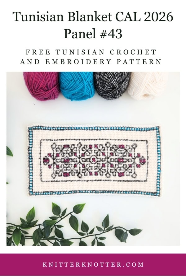 Panel #43 of the Neev Tunisian Blanket CAL of 2026 by KnitterKnotter - the fabric is worked with the Tunisian Simple stitches and features a beautiful blackwork-inspired embroidery design.