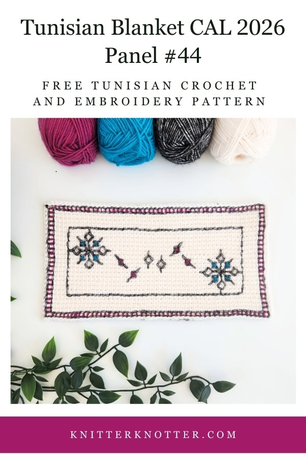 Panel #44 of the Neev Tunisian Blanket CAL of 2026 by KnitterKnotter - the fabric is worked with the Tunisian Simple stitches and features a beautiful blackwork-inspired embroidery design.