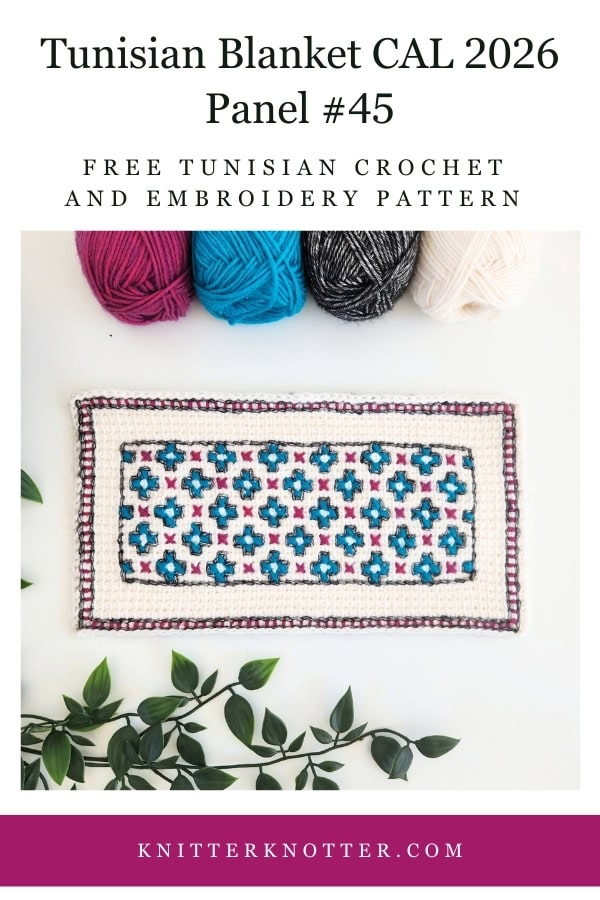 Panel #45 of the Neev Tunisian Blanket CAL of 2026 by KnitterKnotter - the fabric is worked with the Tunisian Simple stitches and features a beautiful blackwork-inspired embroidery design.