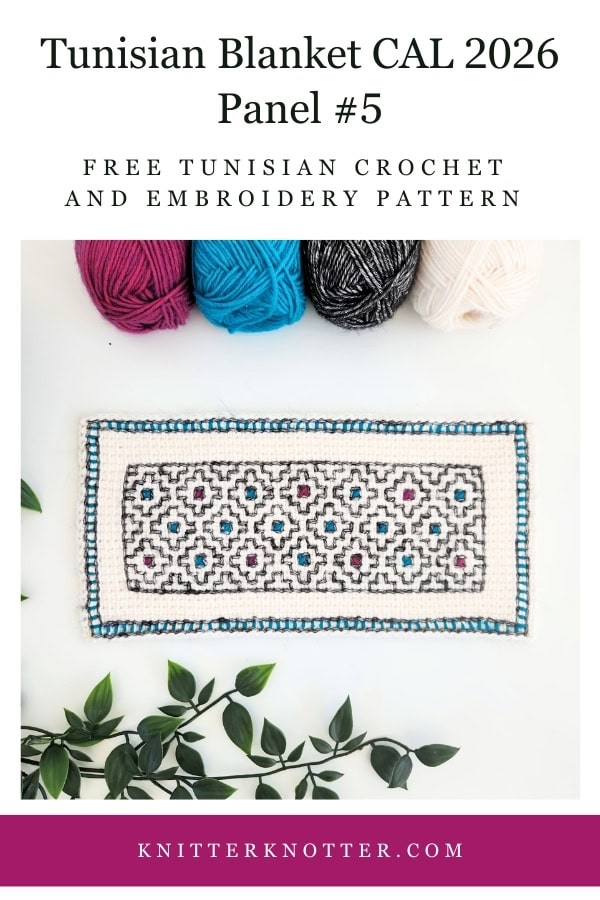 Panel #5 of the Neev Tunisian Blanket CAL of 2026 by KnitterKnotter - the fabric is worked with the Tunisian Simple stitches and features a beautiful blackwork-inspired embroidery design.