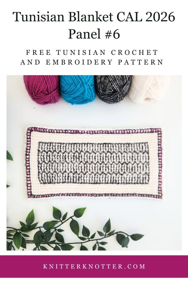 Panel #6 of the Neev Tunisian Blanket CAL of 2026 by KnitterKnotter - the fabric is worked with the Tunisian Simple stitches and features a beautiful blackwork-inspired embroidery design.