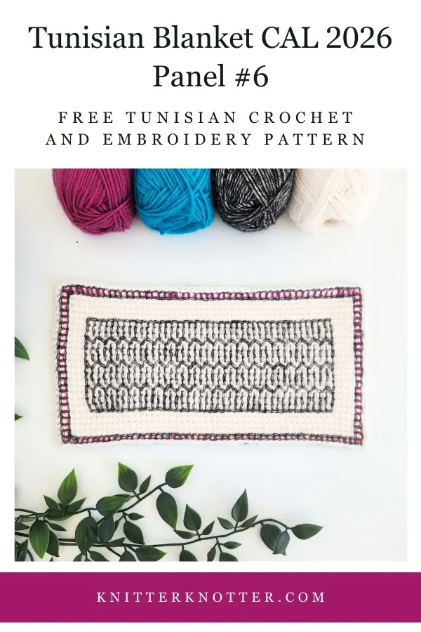 Panel #6 of the Neev Tunisian Blanket CAL of 2026 by KnitterKnotter - the fabric is worked with the Tunisian Simple stitches and features a beautiful blackwork-inspired embroidery design.