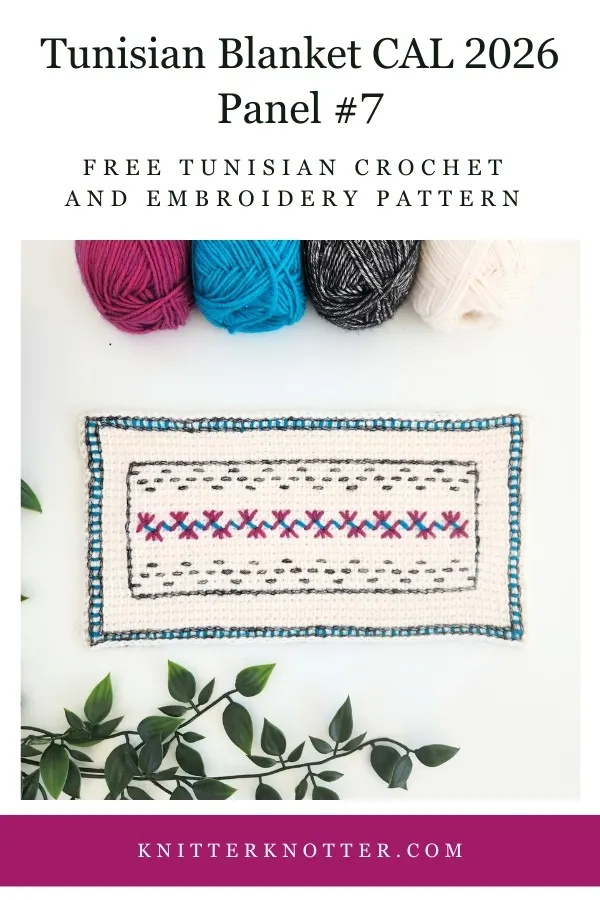 Panel #7 of the Neev Tunisian Blanket CAL of 2026 by KnitterKnotter - the fabric is worked with the Tunisian Simple stitches and features a beautiful blackwork-inspired embroidery design.
