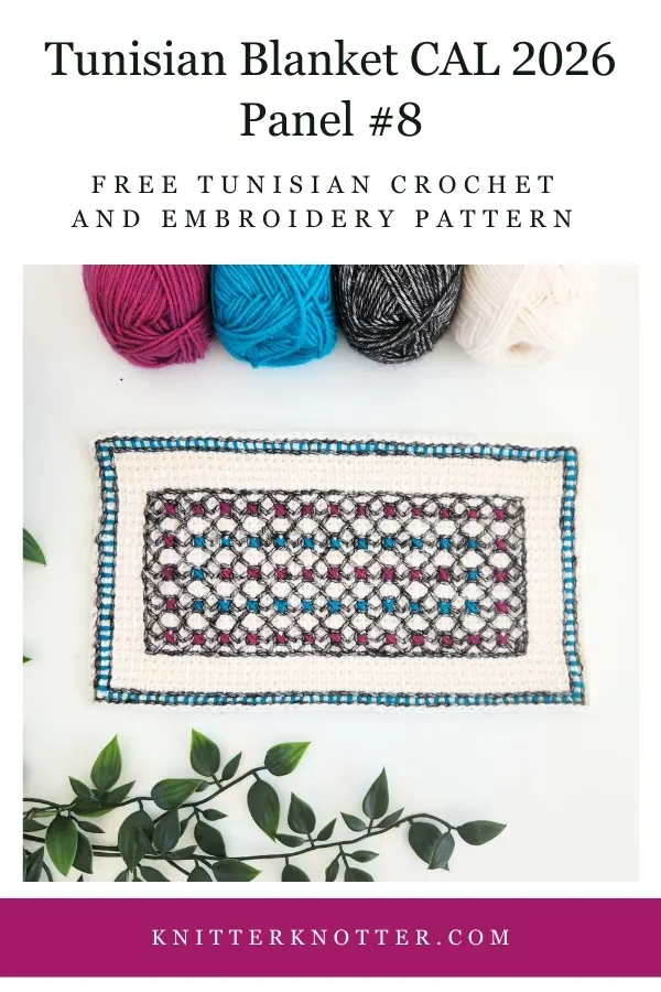Panel #8 of the Neev Tunisian Blanket CAL of 2026 by KnitterKnotter - the fabric is worked with the Tunisian Simple stitches and features a beautiful blackwork-inspired embroidery design.