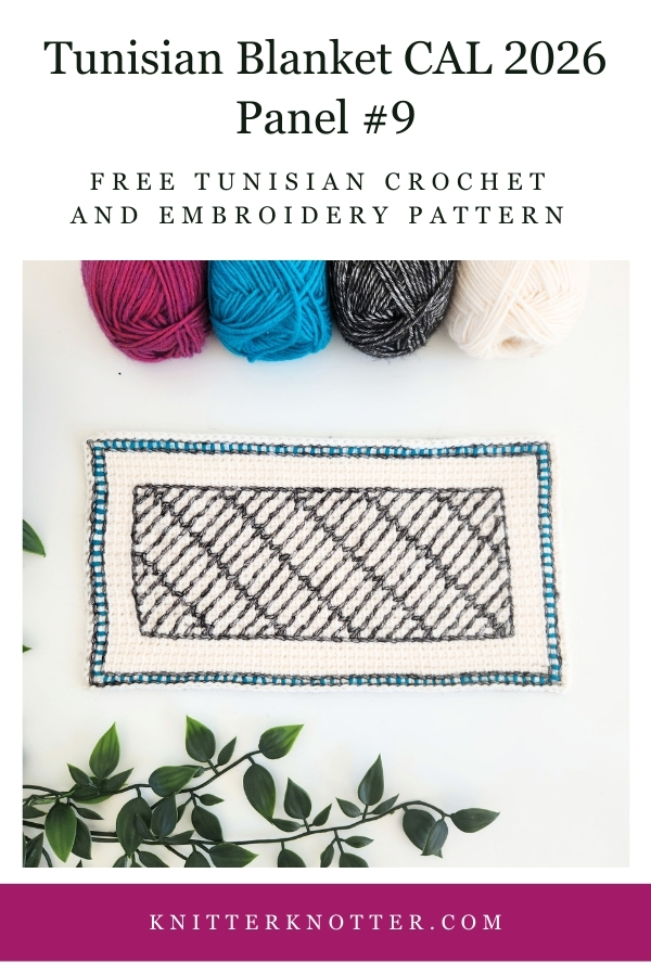 Panel #9 of the Neev Tunisian Blanket CAL of 2026 by KnitterKnotter - the fabric is worked with the Tunisian Simple stitches and features a beautiful blackwork-inspired embroidery design.