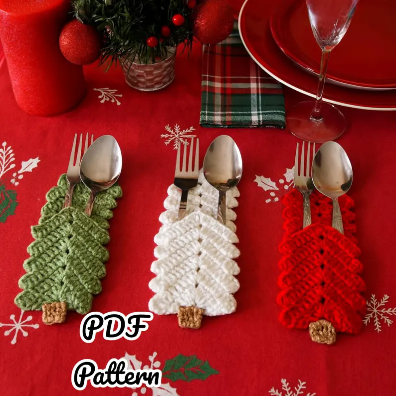 Christmas Tree Cutlery Holder Crochet Pattern in 4 Languages Pattern Craft Crochet ETsy