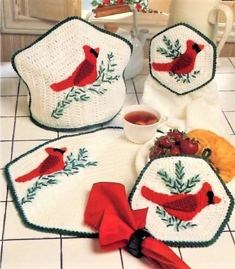 Vintage Crochet Pattern Christmas Cardinal Kitchen Set 4 Pc Past Pattern Palooza etsy