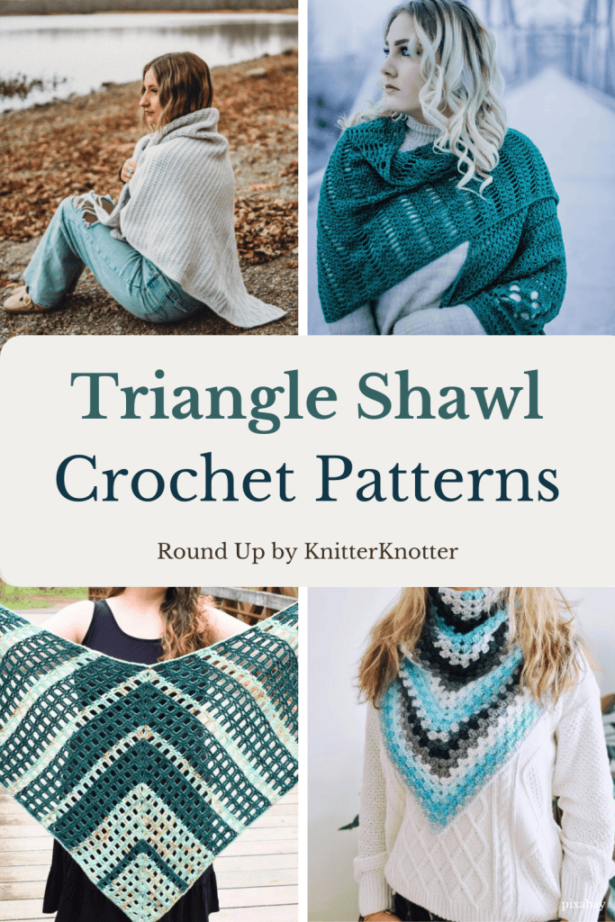Collage of Crochet Triangle Shawl Patterns. Bold Statement Projects in Blue and Green yarns