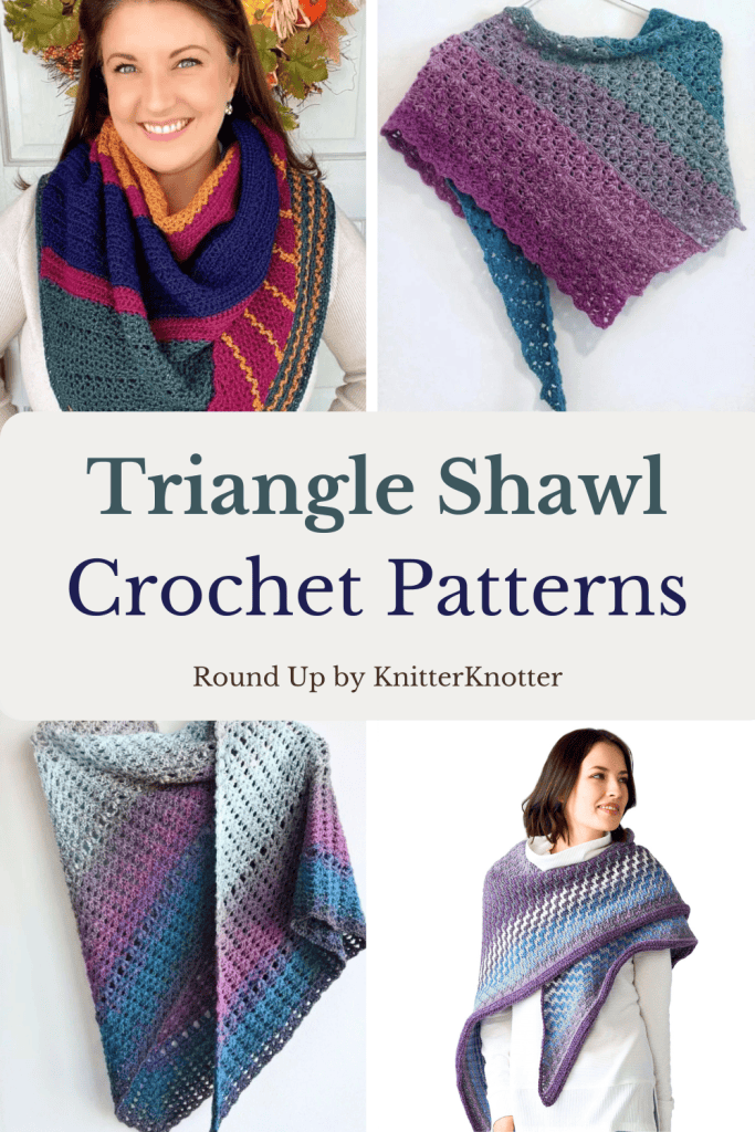 A collage of purple and blue yarn Triangle Shawl Crochet Patterns. Simple Stunning